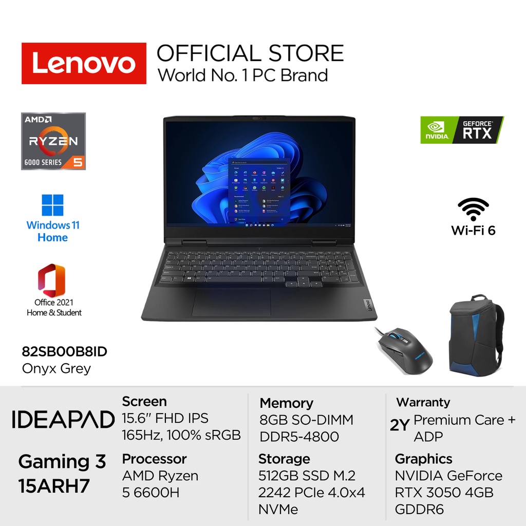 Lenovo IdeaPad Gaming 3 15ARH7 B8ID AMD Ryzen 5 6600H Win11 8GB 512GB SSD NVIDIA RTX 3050 4GB 15.6" FHD IPS 165Hz 300nits 100% sRGB Antiglare Free-Sync OHS RGB Backlit Laptop 15inch Content Creator 82SB00B8ID Onyx Grey Garansi Resmi Windows 6000seri