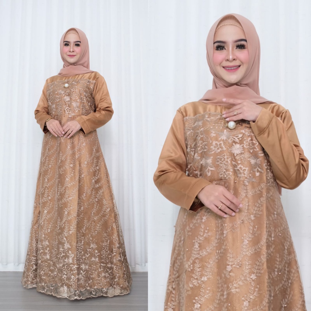 AURA GOWN DRESS BRUKAT PREMIUM JUMBO DRES REMAJA XXXL LD 120 GAMIS KONDANGAN TERBARU MURAH KONVEKSI GROSIR SERAGAMAN PERNIKAHAN LAMARAN PERNIKAHAN LEBARAN WISUDA TUNAGAN GOLD DUSTY NUDE MOCCA ROSE BROWN MILLO GREY MARUN BAJU MUSLIM JUMBO LD 120