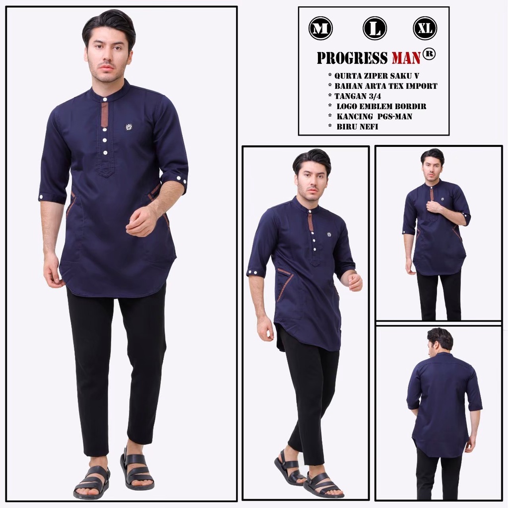 PROGRESS MAN Baju Muslim Pria Dewasa Premium  Kurta V  Koko Cowok Original Lengan Tiga Perempat kurta Pakistan Terbaru Lebaran 2023 Warna V NAVY