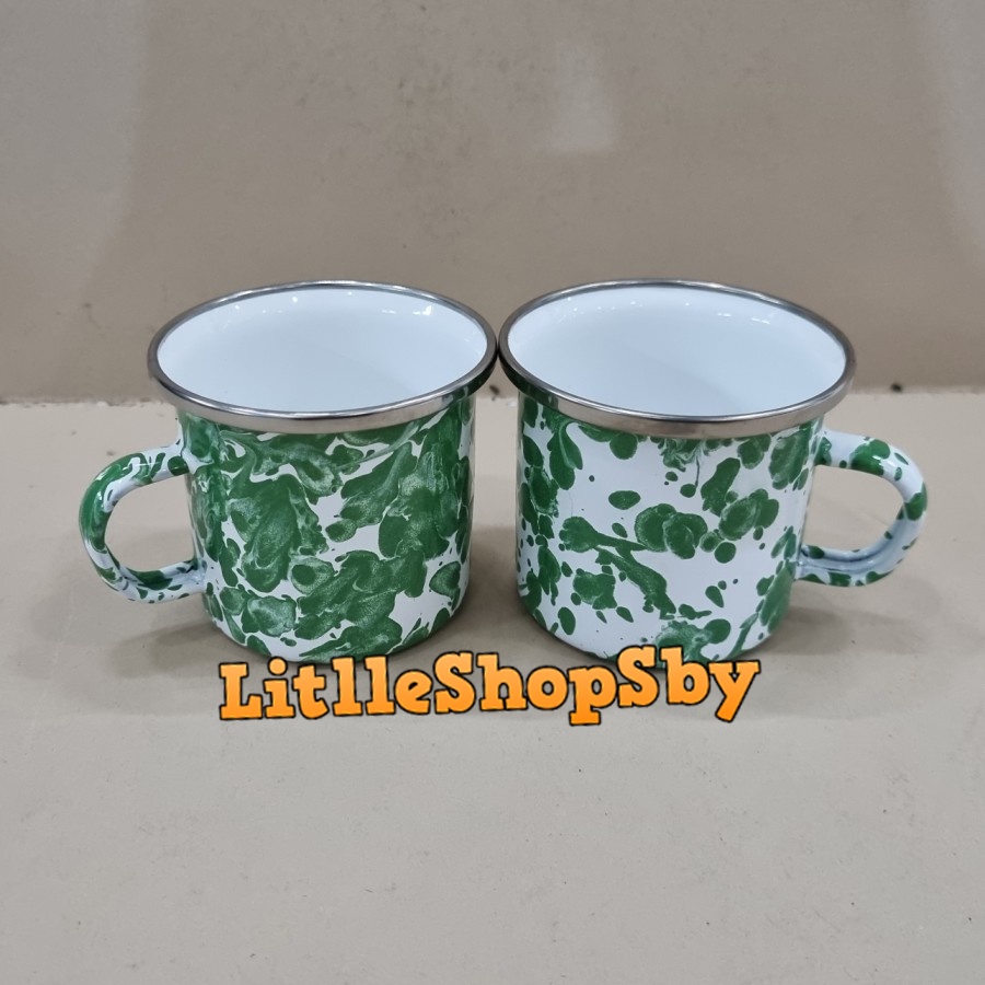 Gelas Cangkir Mug Enamel 6cm Hijau Blirik Loreng Marble