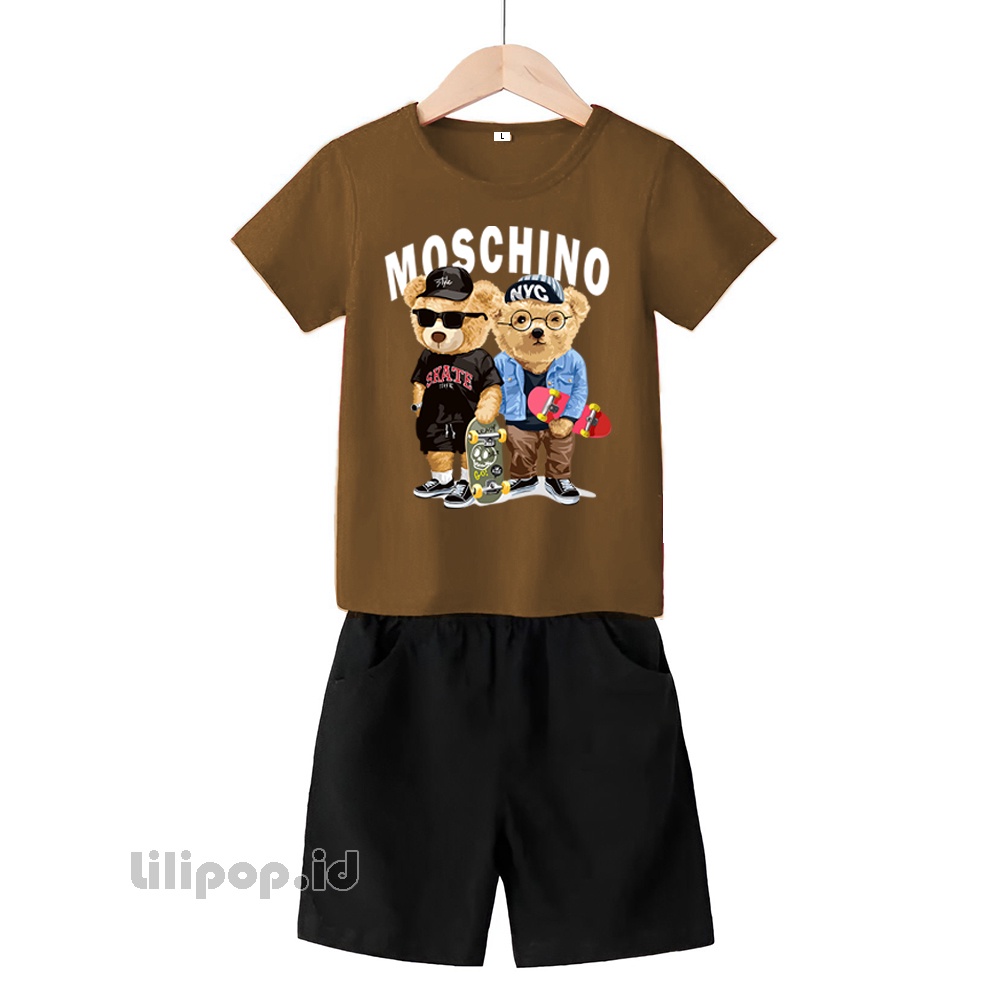 Baju Anak Stelan Kaos 3/4 Moschino.skaterboard Bear Cowok Cewek  Usia 2 - 7 Tahun Celana Pendek Harian