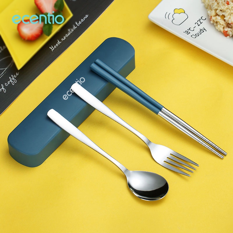 ecentio sendok makan 3pcs set stainless steel dengan kotak berbahan alat makan set sumpit sendok grapu set spoon fork set portable travel cutlery set