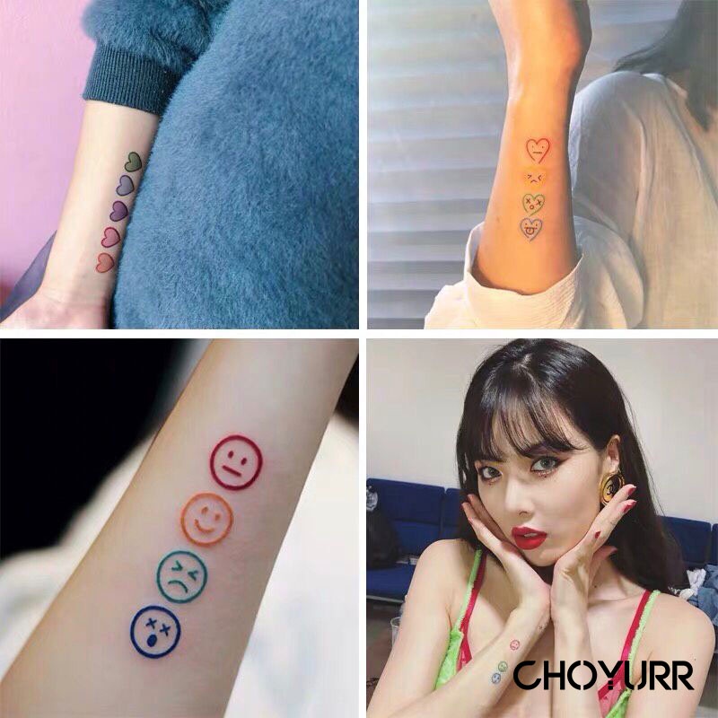 【COD】Sticker Tattoo Temporarry Emoticon Cute Stiker Tato Segar Kecil Stiker Tato Tahan Air Wajah Tersenyum Lucu Garis Pelangi Stiker Tato Tahan Air-CH