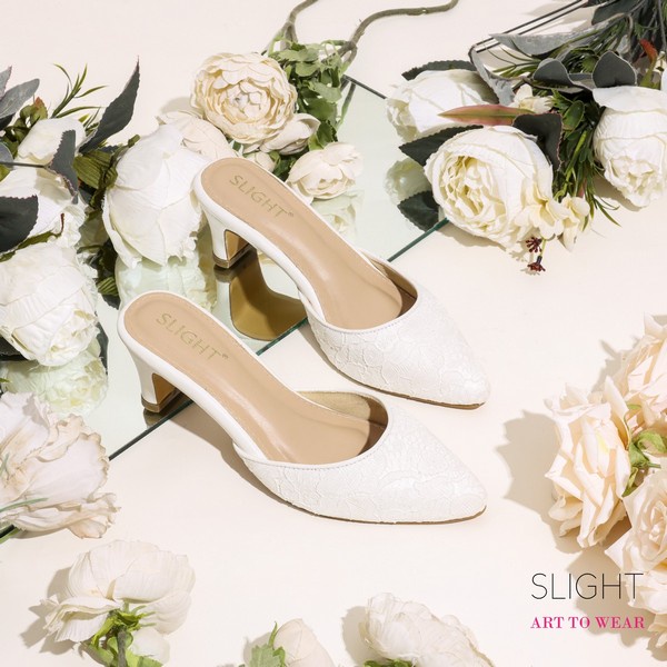 SLIGHT Sandal Selop Brokat Lace Abrielle Gold emas Pink rosegold Putih White dan SIlver 5 cm