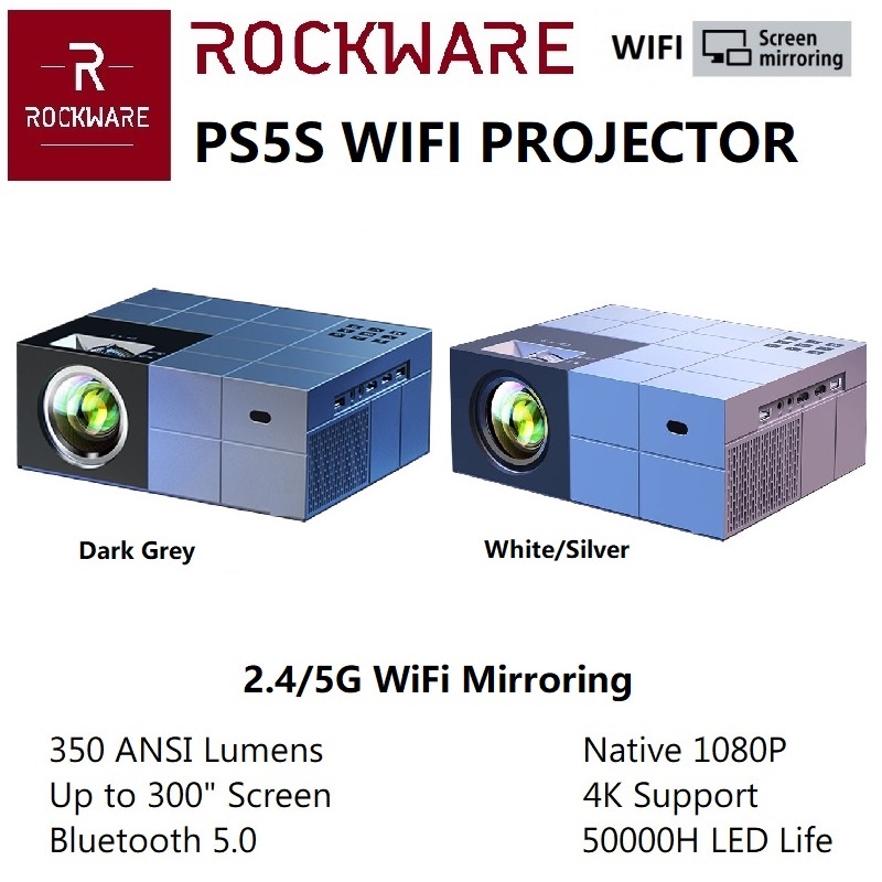 ROCKWARE PS5S WIFI - Full HD 1080P Projector - 350 ANSI Lumens