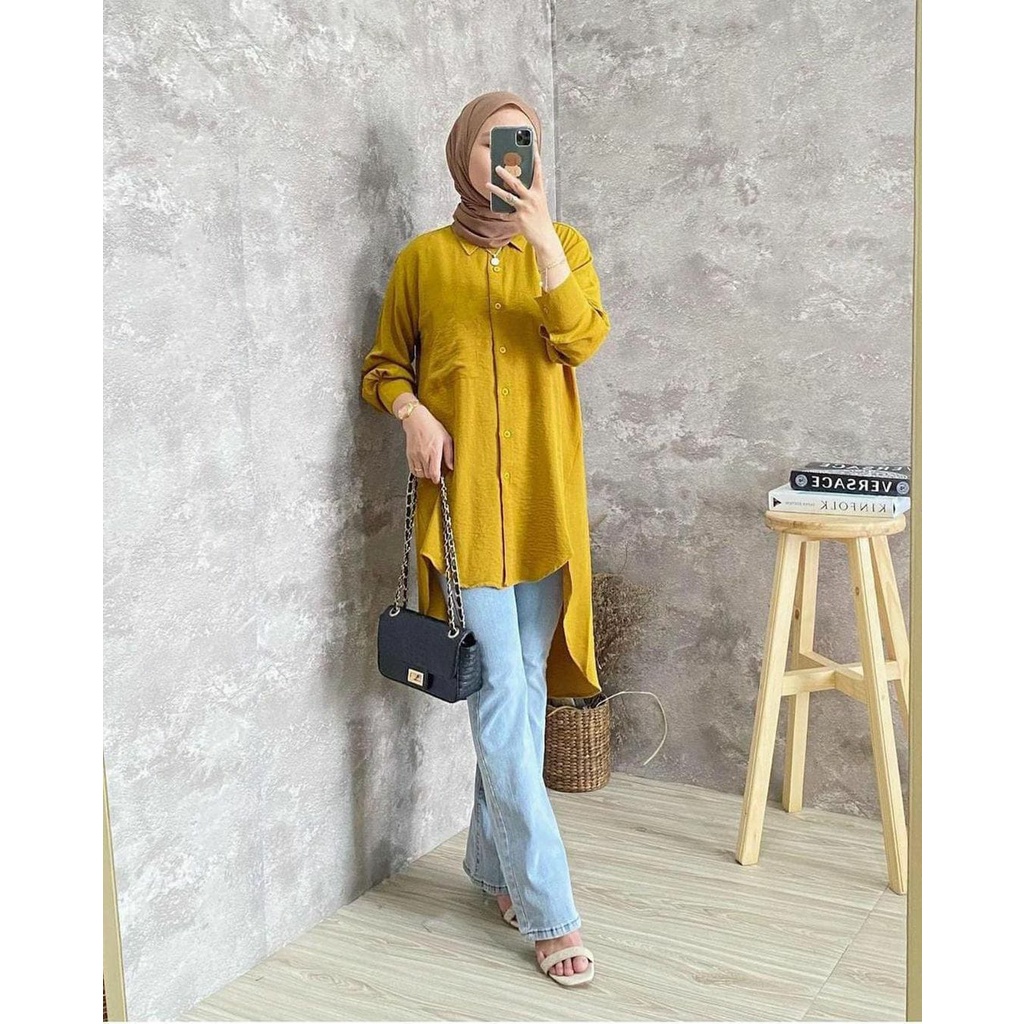 Ivana - Long Tunik Hijab / Tshirt Oversize / Kemeja oversize Bahan crinkle tebal adem / atasan baju wanita lengan panjang / kemeja basic polos simple full kancing depan