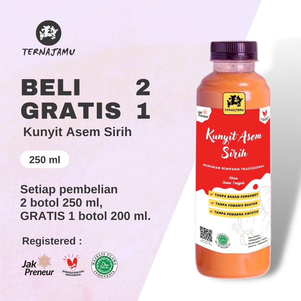 

Jamu Kunyit Sirih / Jamu Tradisional Kunyit Asam Sirih Pelangsing 250 ml - TERNAJAMU