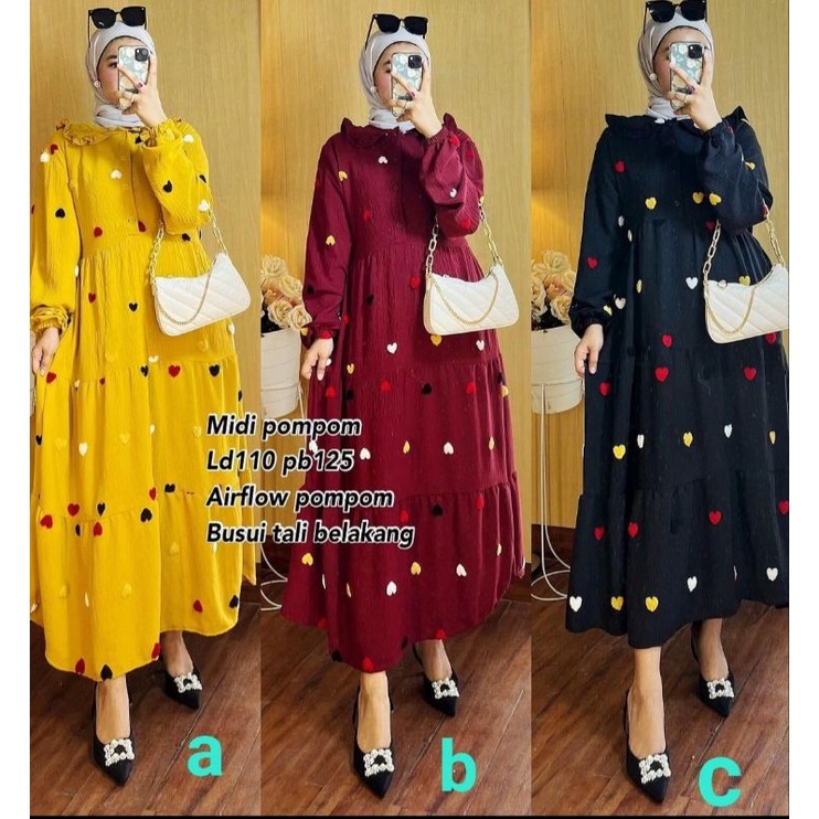 MIDI dress Bahan cringkle pompom love Busui Friendly Tali belakang Ld 110 PB 125 Real pict