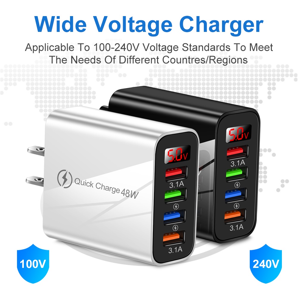 48w EU/UK/US Plug USB Charger LED Digital Display Quick Charge 4port Power Adaptor Ponsel Untuk i-phone Android Tipe C