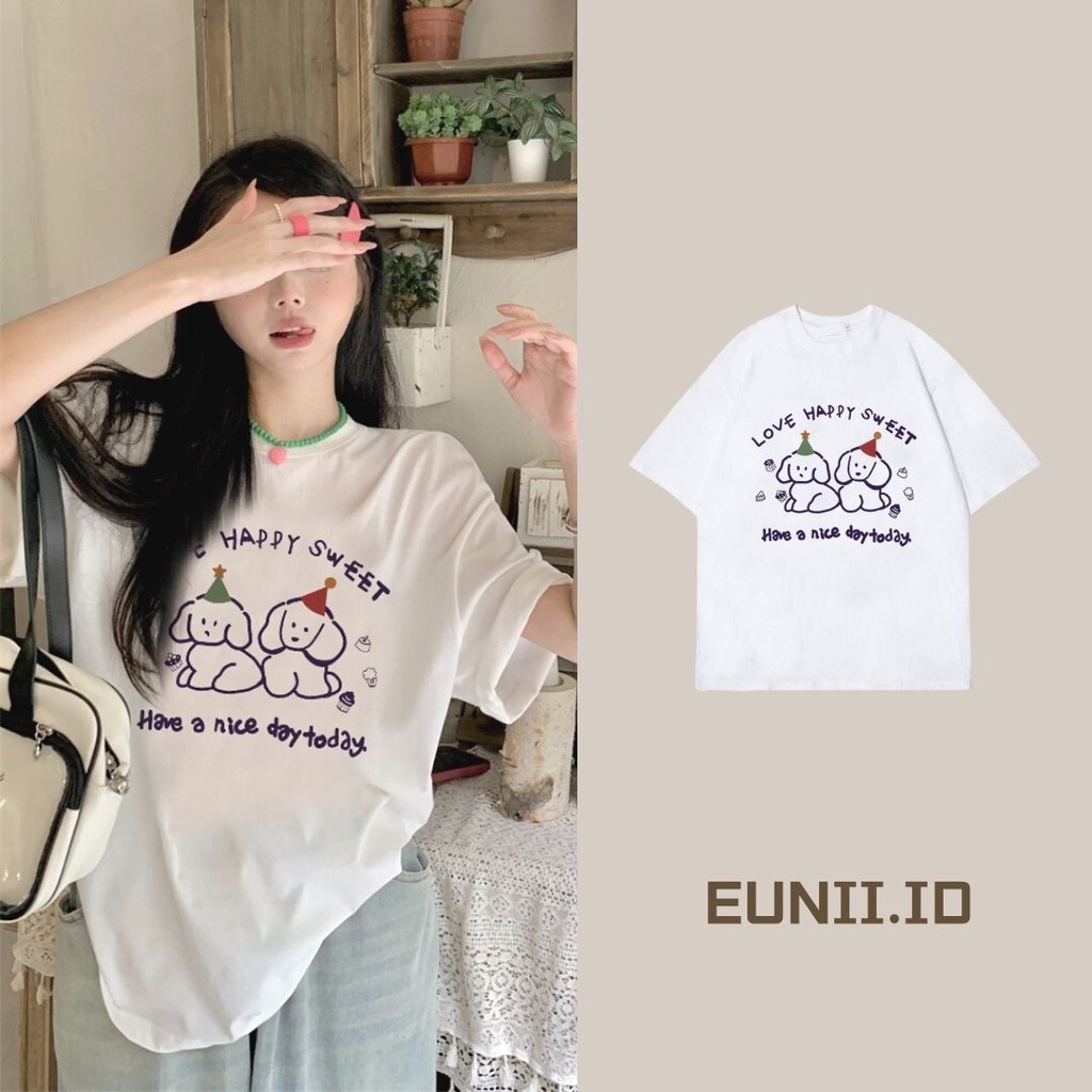 EUNII T-shirt Lengan Pendek Cartoon Birthday Dog Korean Style/Kaos Atasan Wanita/Baju Kaus Oversize Wanita/Kaos Wanita