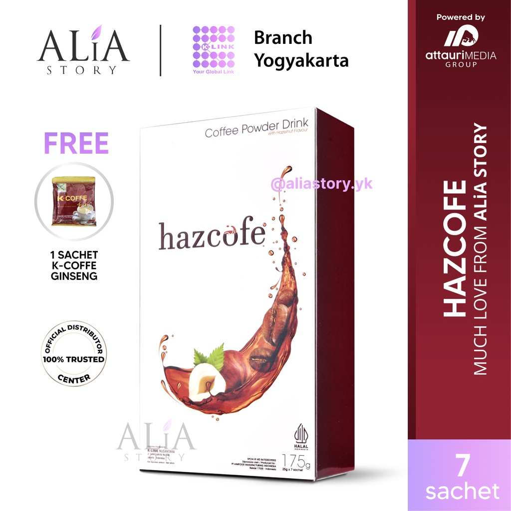 

HazCofe Original K-Link (1 Box isi 7 Sachet) Kopi Serbuk dengan Biji Kopi Robusta pilihan Ekstrak Hazelnut dan Gula Aren dengan Olahan Teknologi yang Canggih Alia Story K-Link Yogyakarta K-Link Original Store Attauri