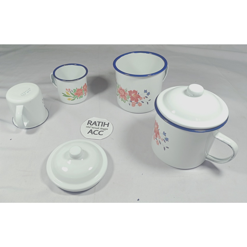 GELAS MUG ENAMEL CANGKIR SENG BESI TUTUP JADUL MOTIF BUNGA