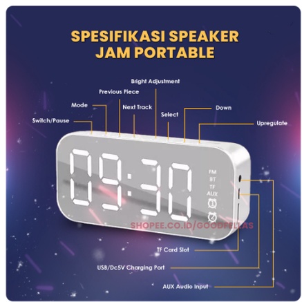 Speaker jam alarm Bluetooth 5.0 LED Display clock ultra Bass stereo mirror with FM Radio original speaker Bluetooth Jam Alarm clock  garansi 12bulan/