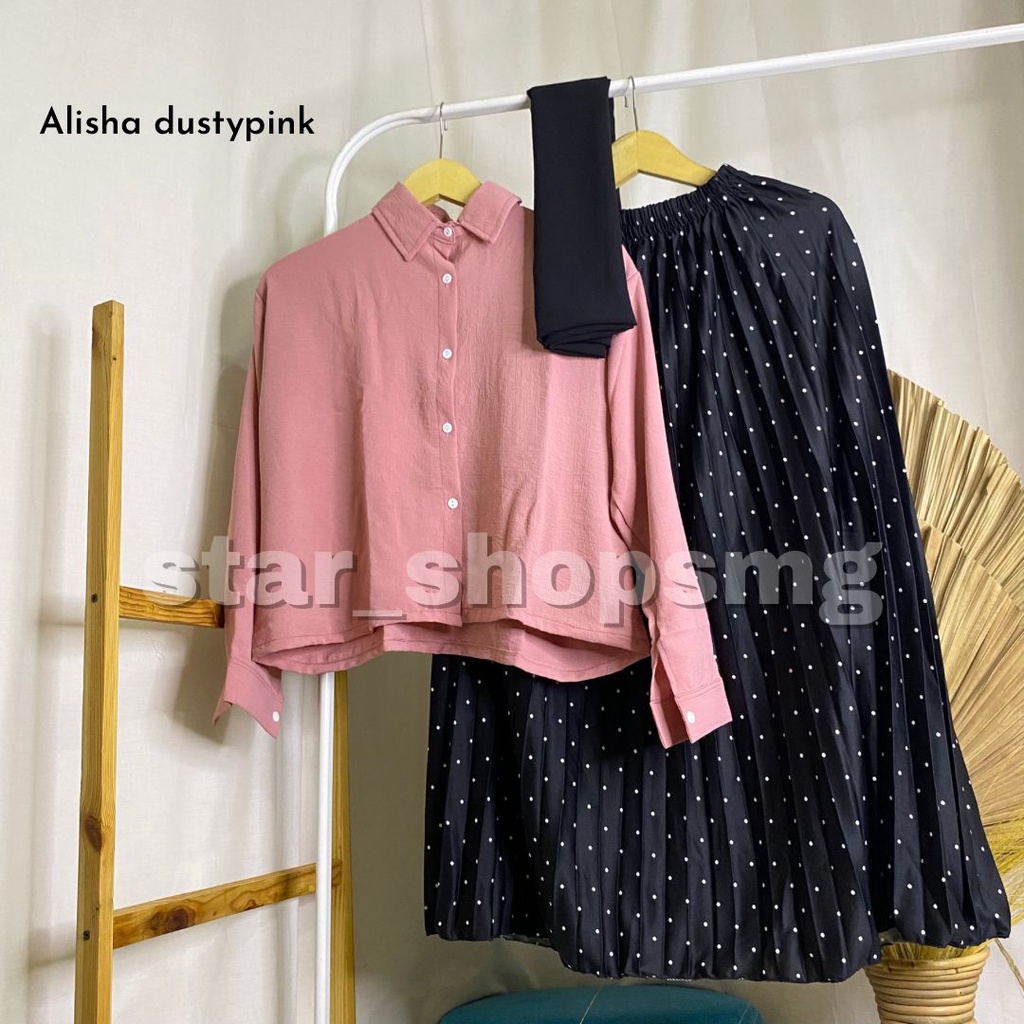 (3  in1) ONE SET ALISHA (pashmina ceruti+kemeja crinkle+rok polka)