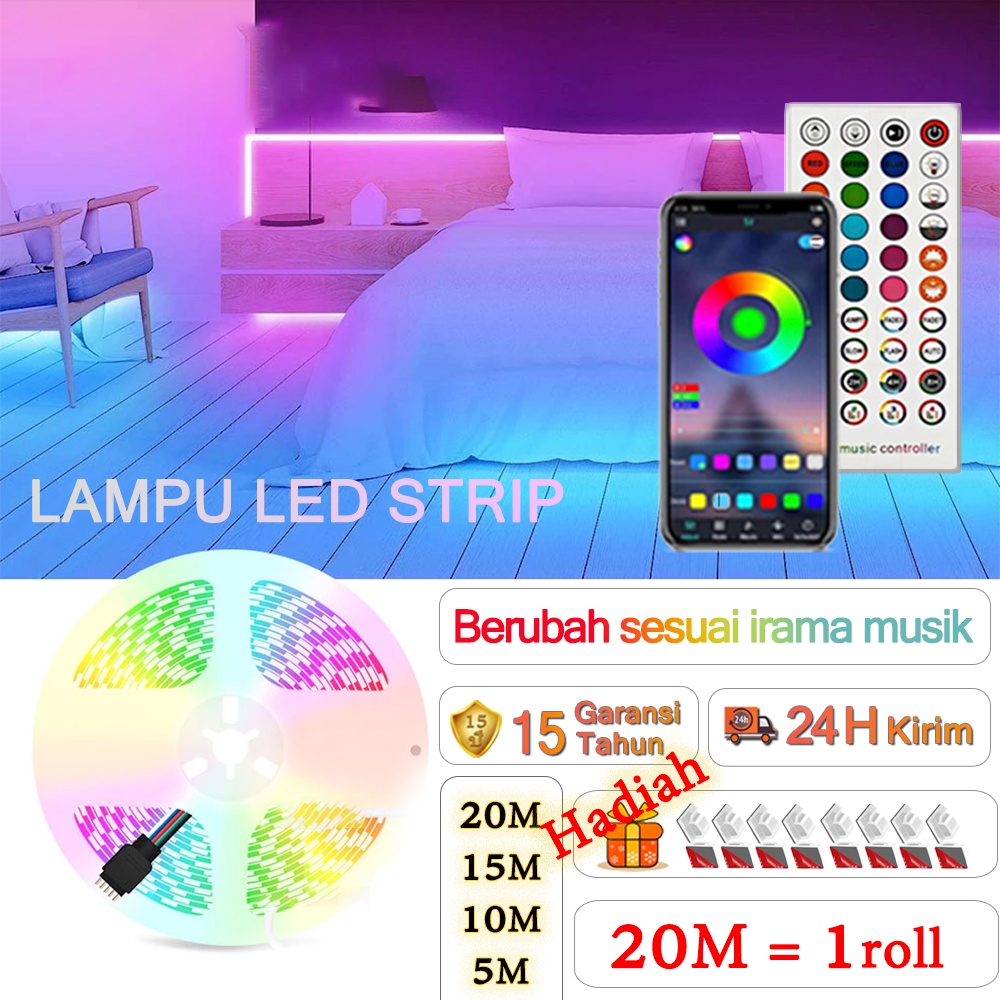 Lampu Led Strip 【garansi 15 tahun】APP Fungsi sinkronisasi musik RGB 5050 2835 5M 10M 15m 20m HP tahan air Sensor Music REMOTE LAMPU HIAS WARNA WARNI LAMPU KAMAR AESTHETIC  TUMBLR PLAFON