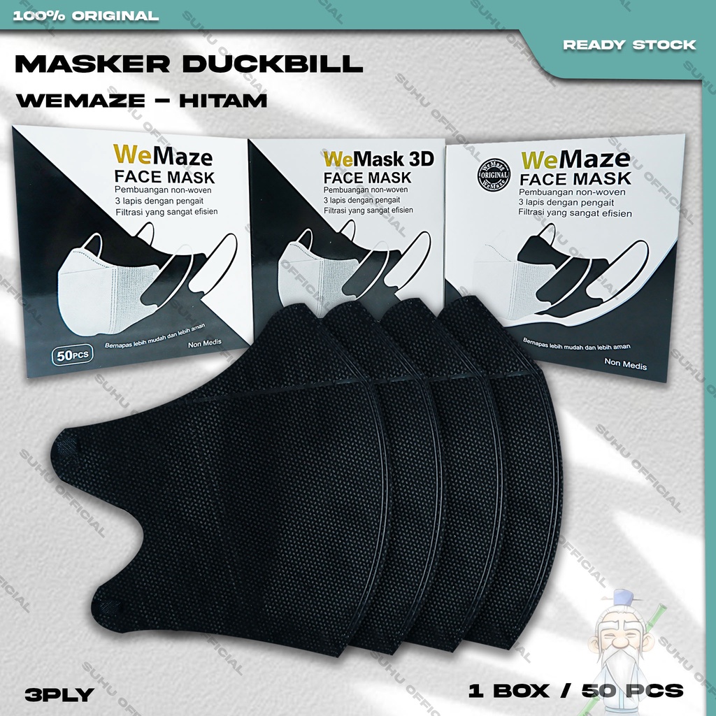 ❤️ SUHU ❤️ Masker Duckbil WEMAZE 3Ply 50Pcs Hitam Black Duckbill Earloop Surgical Mask