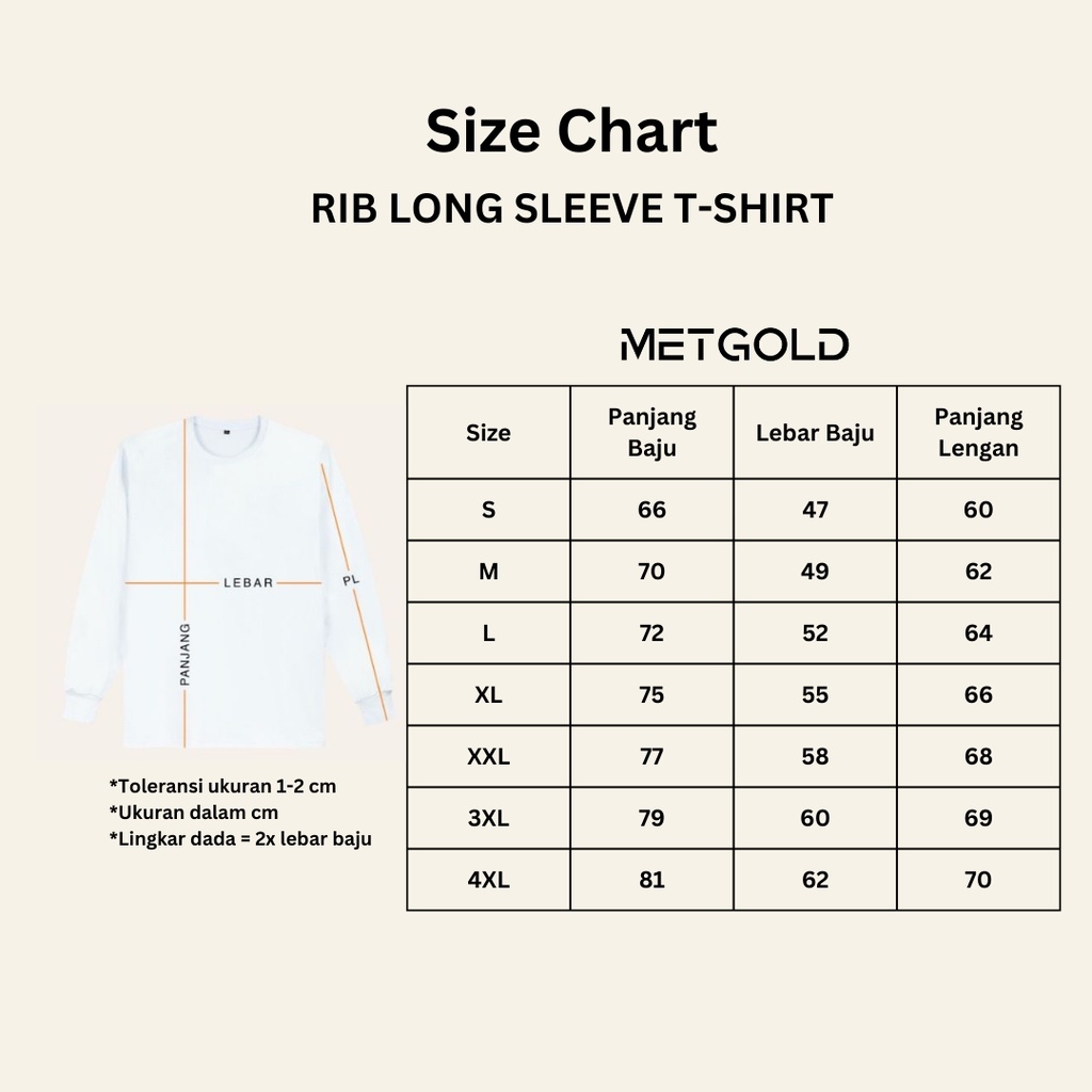 KAOS POLOS LENGAN PANJANG RIB TANGAN KARET UNISEX COTTON COMBED 30S METGOLD