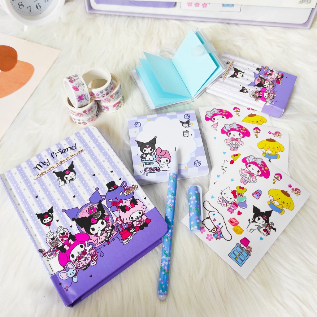 PAKET JURNAL 7 IN 1 STICKER SANRIO KUROOMI UNIK ALAT JURNALING LUCU IMUT KARAKTER GAMBAR GIFT BOX