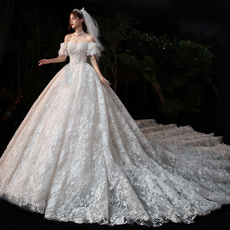 Renda Gaun pengantin Lengan Panjang Ekor Panjang Women Bridal Dresses Wedding Ballgown