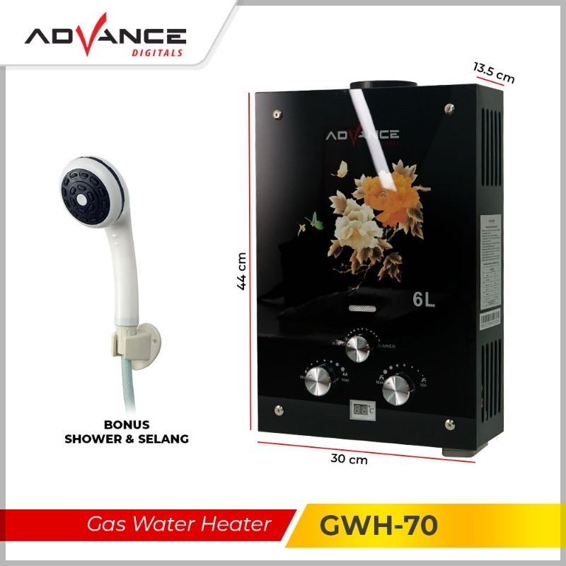 ADVANCE Water heater gas 6 Liter GWH 70 Tempered Glass Kaca digital