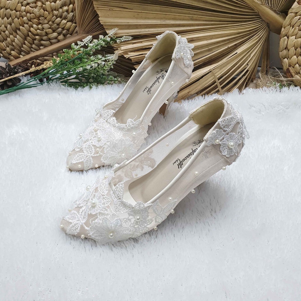 Sepatu wedding pesta cantik bunga putih 7cm runcing