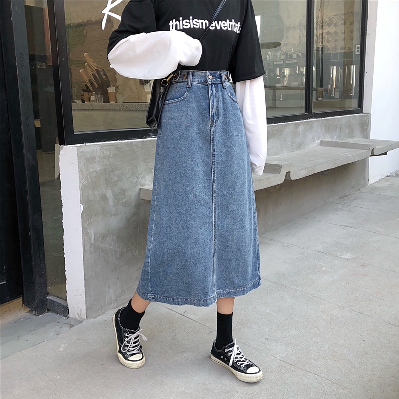 Rok Denim Wanita High Waist A-line Kekinian Skirt Import Retro Pinggang Elastis Busana Baru Wanita