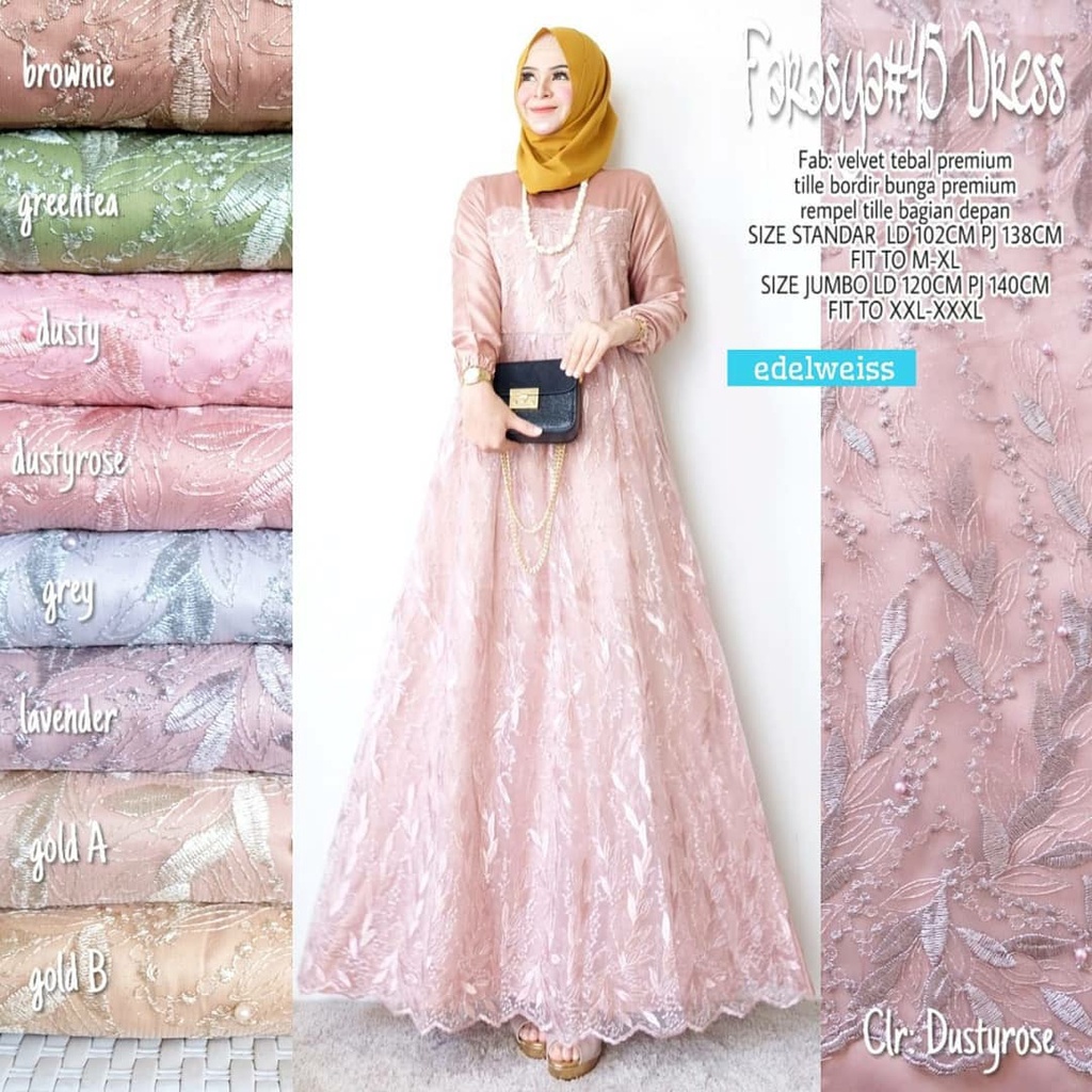 Farasya Dress Muslimah #45 Gamis Brukat Jumbo Gamis Lebaran Terbaru Gaun Pesta Resepsi Seragam Pernikahan Outfit Bridesmaid Broklat Jumbo Wanita xxxl Dress Code Kondangan Warna Rose Gold Greentea Ice Blue Maroon Navy Brown Millo Putih Denim