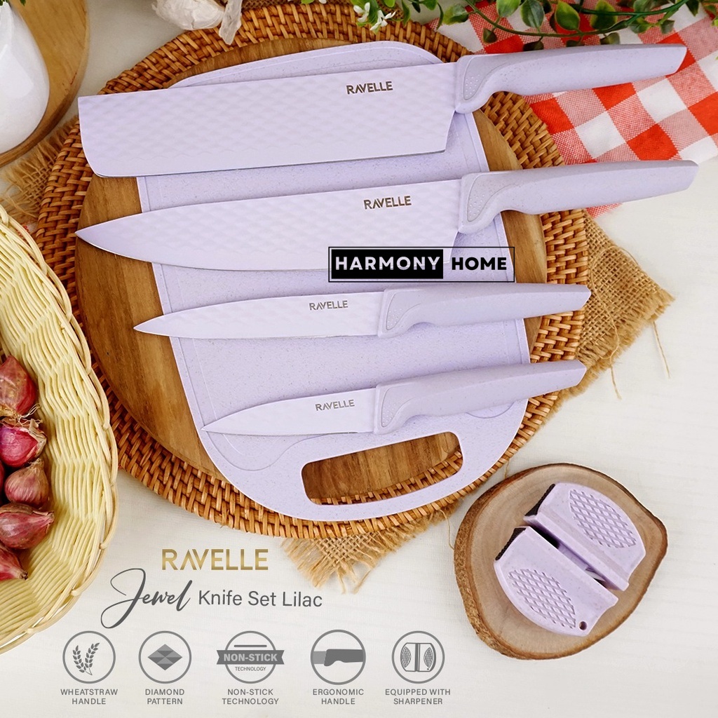 Pisau Set Ravelle - Jewel Knife Set 6in1 RAVELLE Jewel Knife Set 6 in 1 Set - Pisau Dapur Anti Lengket - FREE Talenan - Lilac Lavender-Non Stick Diamond