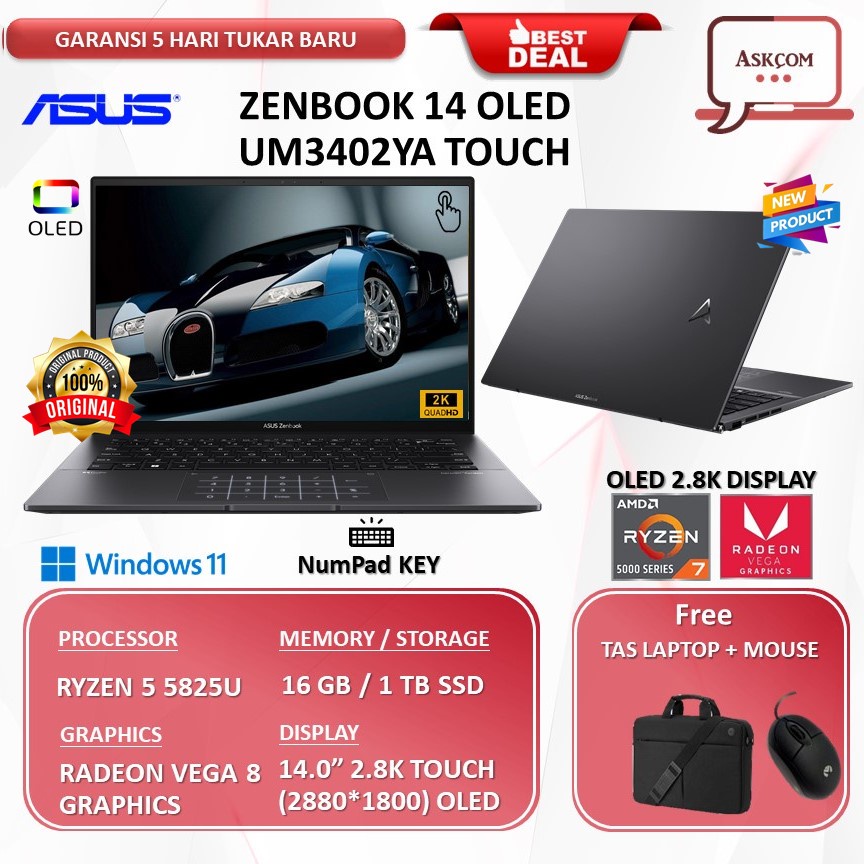 Laptop Asus ZenBook UM3402YA Oled Touch RYZEN 7 5825U RAM 16GB 1TB SSD VEGA 8 14.0 IPS