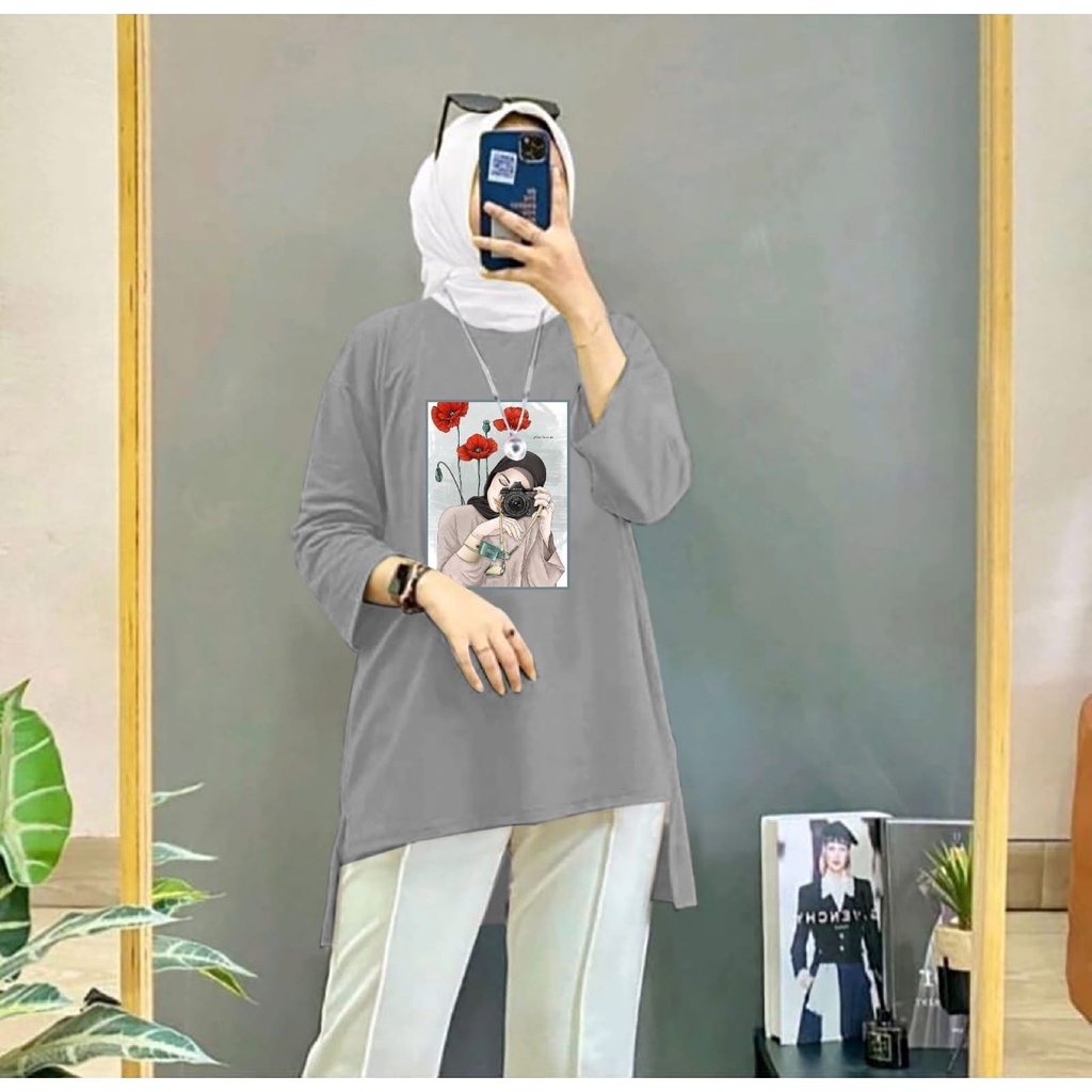 Baju Atasan Tunik Blouse Hijab Motif Camera Lengan Panjang Wanita