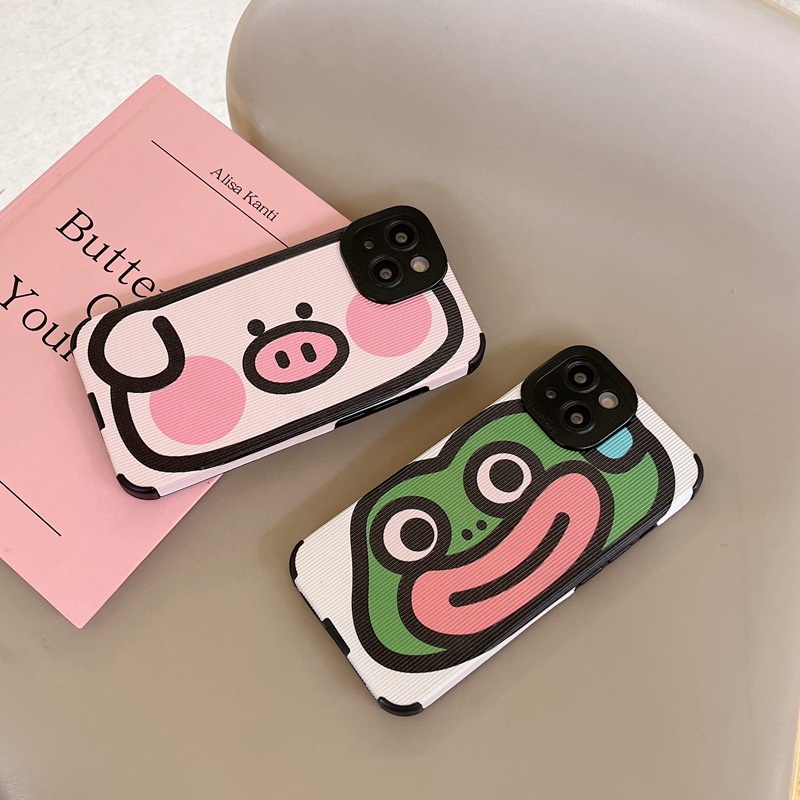 Cartoon Pet Pig Frog Leather Softcase iPhone iP 7 8 + Plus SE 2020 11 12 13 14 Pro Max 14 Plus for Girl Couple