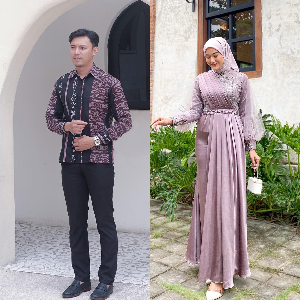 NAYAKA BATIK MELODY MAUVE SERIES - Batik Modern Wanita Baju Couple Pasangan Melody Mauve Dress Kondangan Adeeva Amara Gamis Terbaru Baju Lebarang 2023 Lengan Panjang