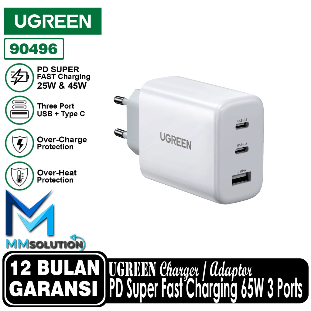 UGREEN Adaptor Charger 65W 3 Port 2 USB C+1 USB A Super Fast Charging
