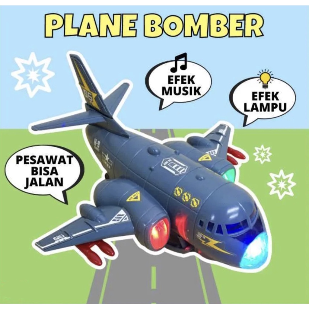 Mainan Pesawat Terbang Bomber Plane Bump and Go Fungsi Lampu dan Musik