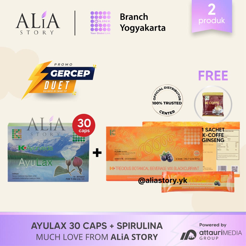 BUNDLING K-Ayurveda AyuLax 30Caps + Spirulina - BONUS 1 Sachet K-Coffee 4 in 1 - Original by Alia St