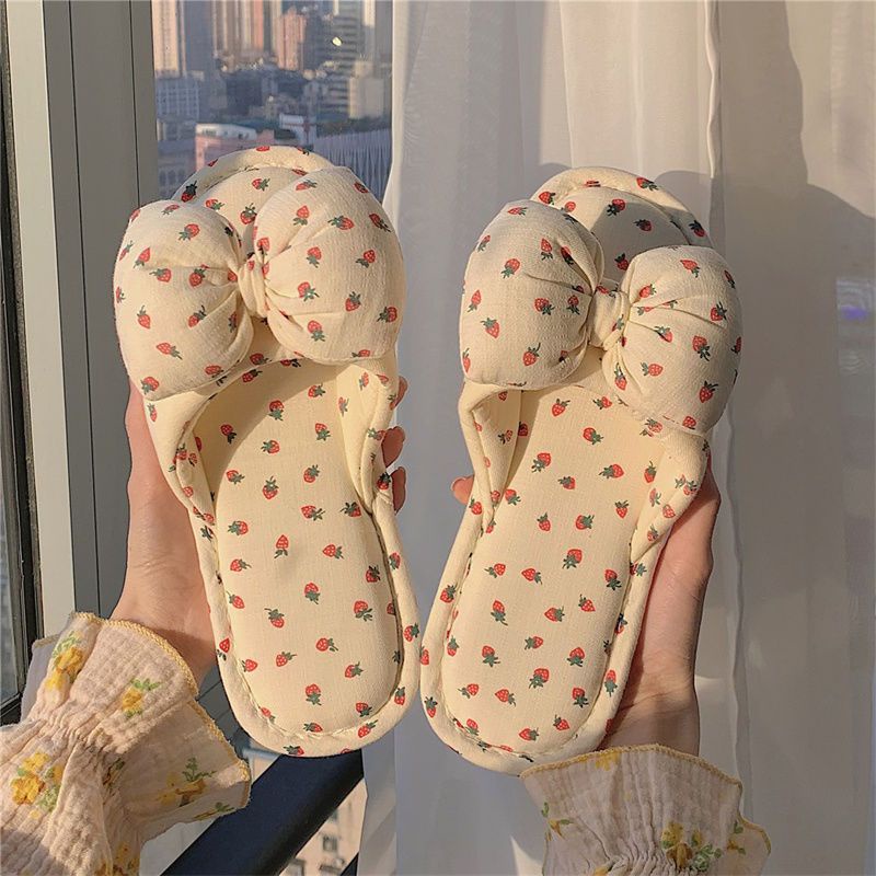 Sandal katun linen wanita musim panas gadis imut busur hati dalam ruangan rumah tangga sandal linen