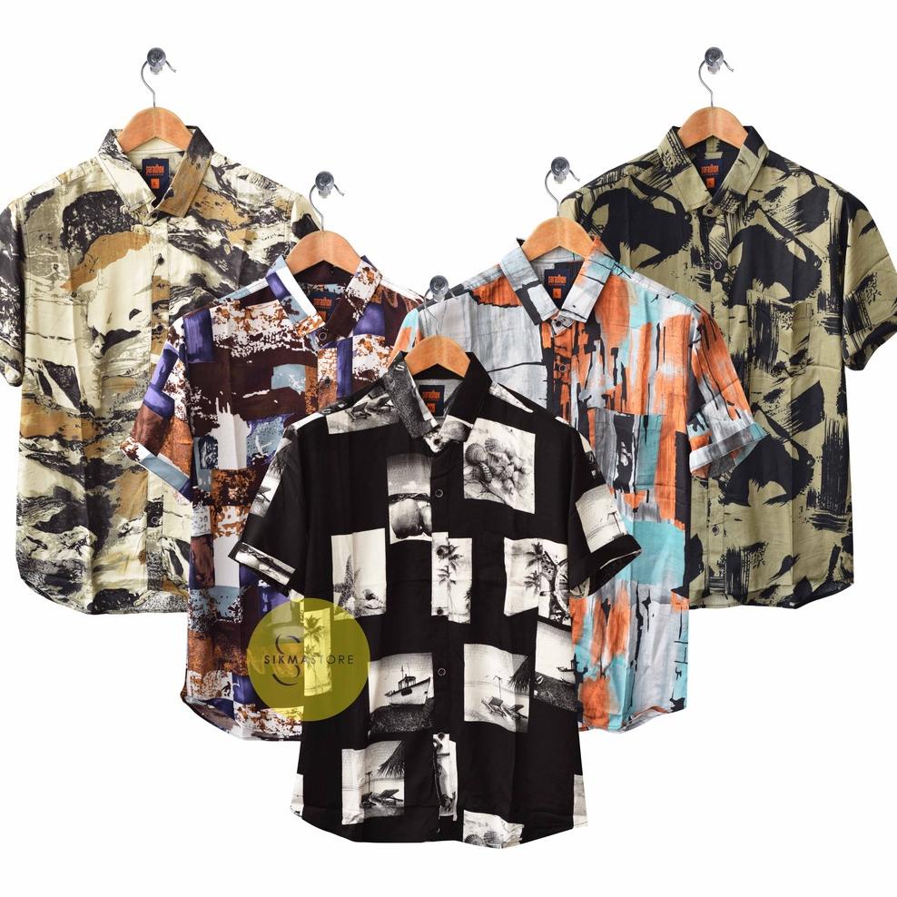 SALE TERBATAS Kemeja Pria/Cowok Motif Printing Lengan Pendek Kemeja Motif Daun Kembang dan Bunga Abs