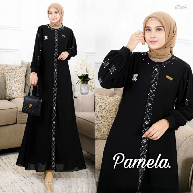 Pamela Dress Wanita Fashion Muslim Busui Zipper depan Bahan Ceruty Babydoll Full puring Motif Swaroski Mewah Elegan Kekinian - Baju Pakaian Perempuan Dewasa Jumbo LD 110 Kondangan Baju Lebaran Hari Raya