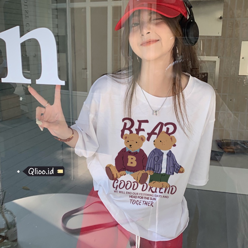 Print T-shirt Kaos Lengan Pendek Cartoon Red Bear Atasan Wanita Korean Style