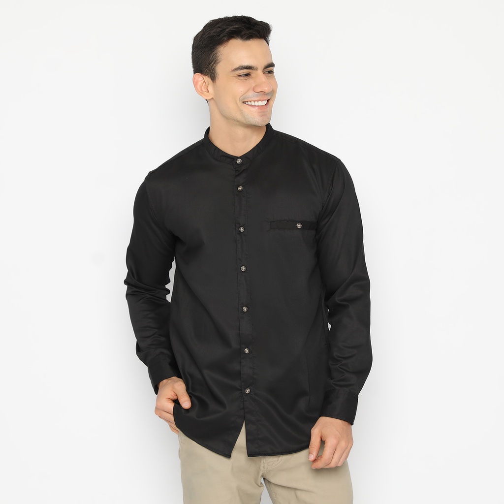 Kemeja Koko Pria Dewasa Lengan Panjang Full Button Toyobo Fodu Thompson Hitam