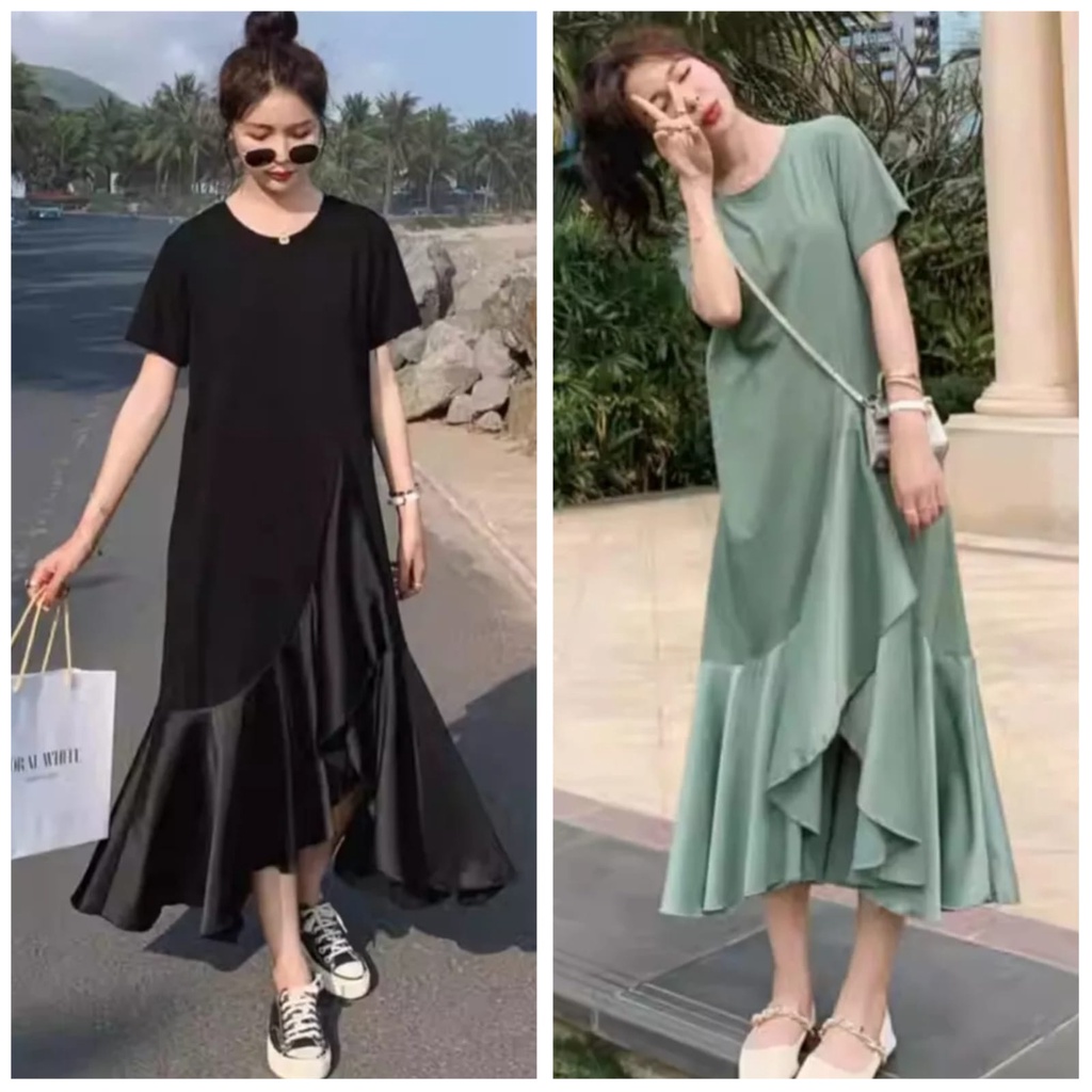 Dress mullet ruffle tosca hitam - maxidress korea bigsize WF81210