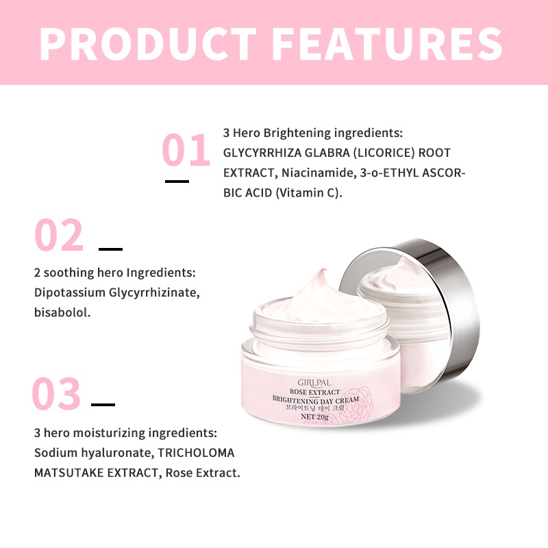 [BPOM] GIRLPAL Rose Brightening Day Cream 20g Vitamin C + Niacinamide Brighty Moisturizer Wajah Glowing Krim Siang