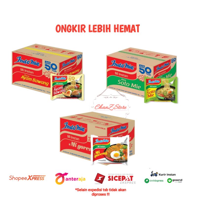 

INDOMIE MIE INSTANT 1 DUS ISI 40 PCS MIE GORENG, MIE KUAH AYAM BAWANG & SOTO FREE PACKING
