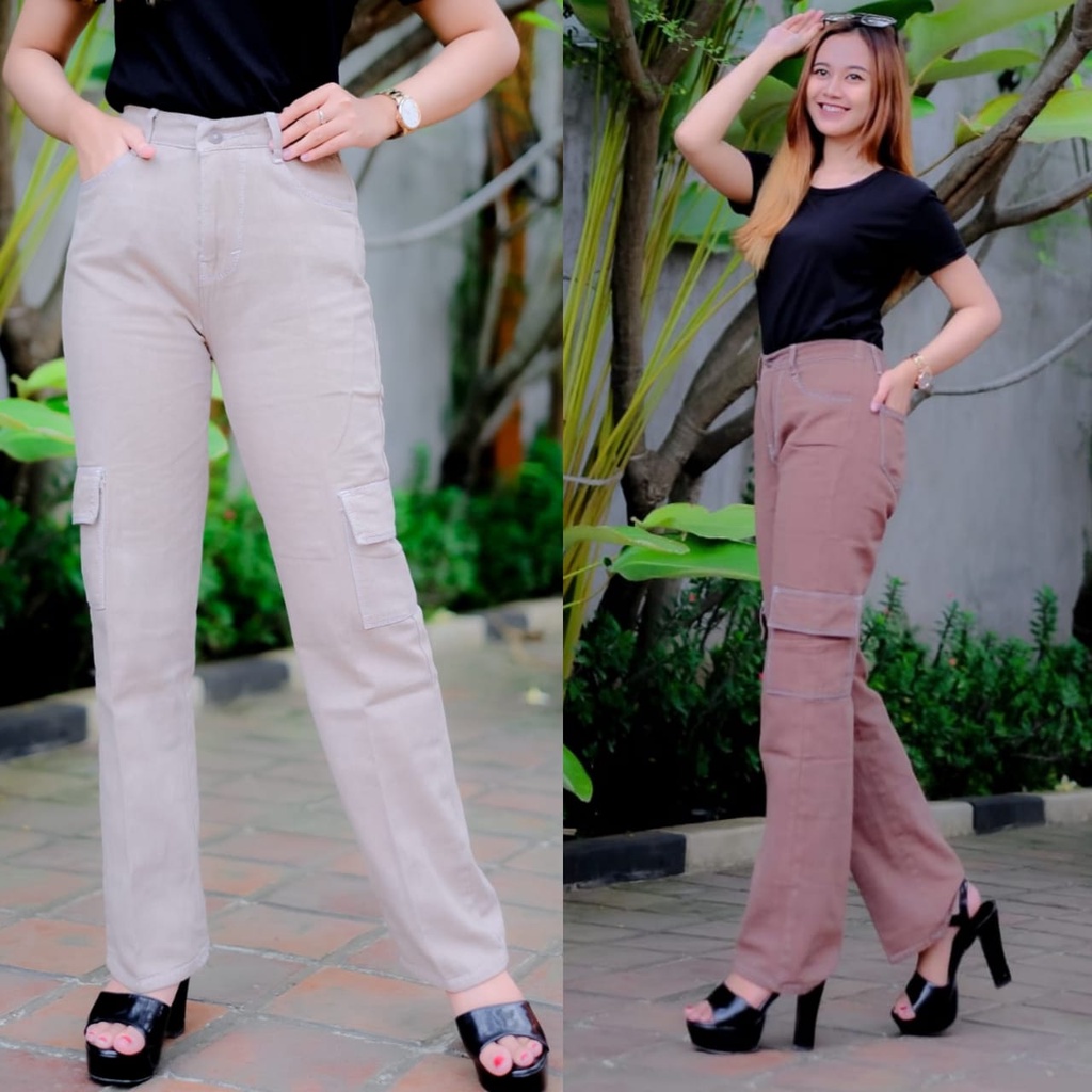 alvan.id Celana Highwaist Cargo Jeans Wanita Loose belakang pinggang karet