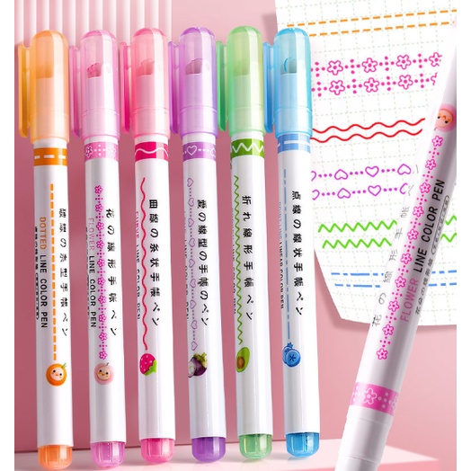 Line Shape Highlighter Isi 6 Warna / Set Line Pen Marker 6 in 1 / Set Spidol Roll Garis 6in1 / Curve Highlighter Pen Art Set