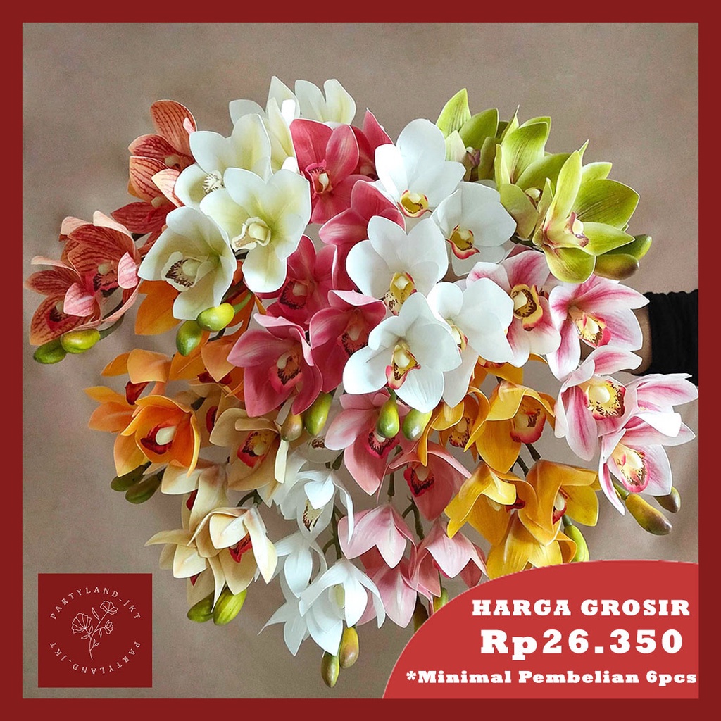 Artificial Flower Cymbidium Hybrid Orchid Bunga Palsu Plastik Hias Dekorasi Pesta