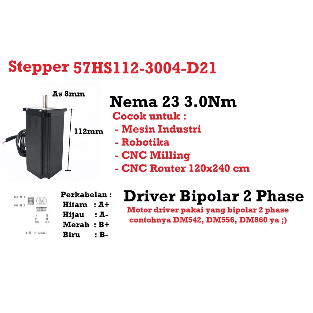 [HAEBOT] Motor Stepper Nema 23 57HS112 3Nm 112mm 3A CNC Robot Laser Router Plasma Milling High Torque Mesin Induksi Slider Mekanik Bipolar 2 Phase Fasa Coil Dinamo Penggerak