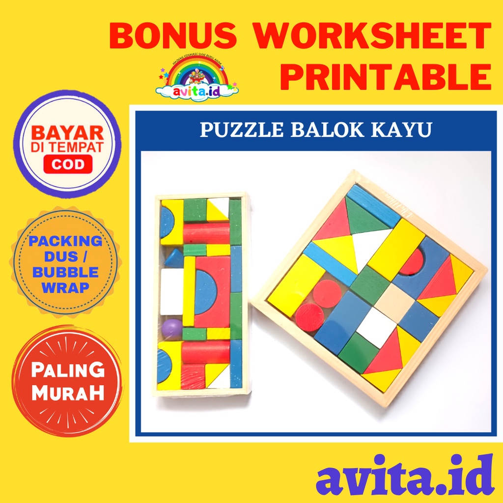 avita.id Mainan Susun Puzzle Kayu / Mainan Balok Kayu Susun / Mainan Edukasi Balok Warna Warni / Mai