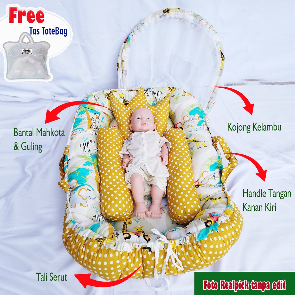 KASUR BAYI BABY NEST PREMIUM DENGAN KELAMBU + FREE BANTAL PEYANG + TAS DAN GULING BAYI (BISA 2 SISI MOTIF BOLAK BALIK)