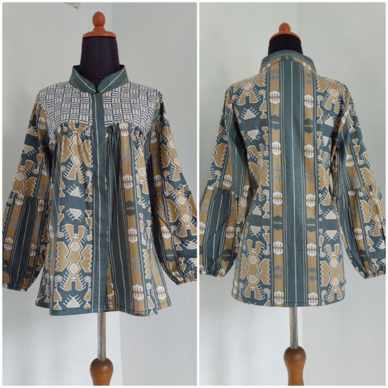 BAJU BATIK WANITA ATASAN KERJA KANTOR LENGAN PANJANG M L XL XXL MOTIF TIMIKA HIJAU